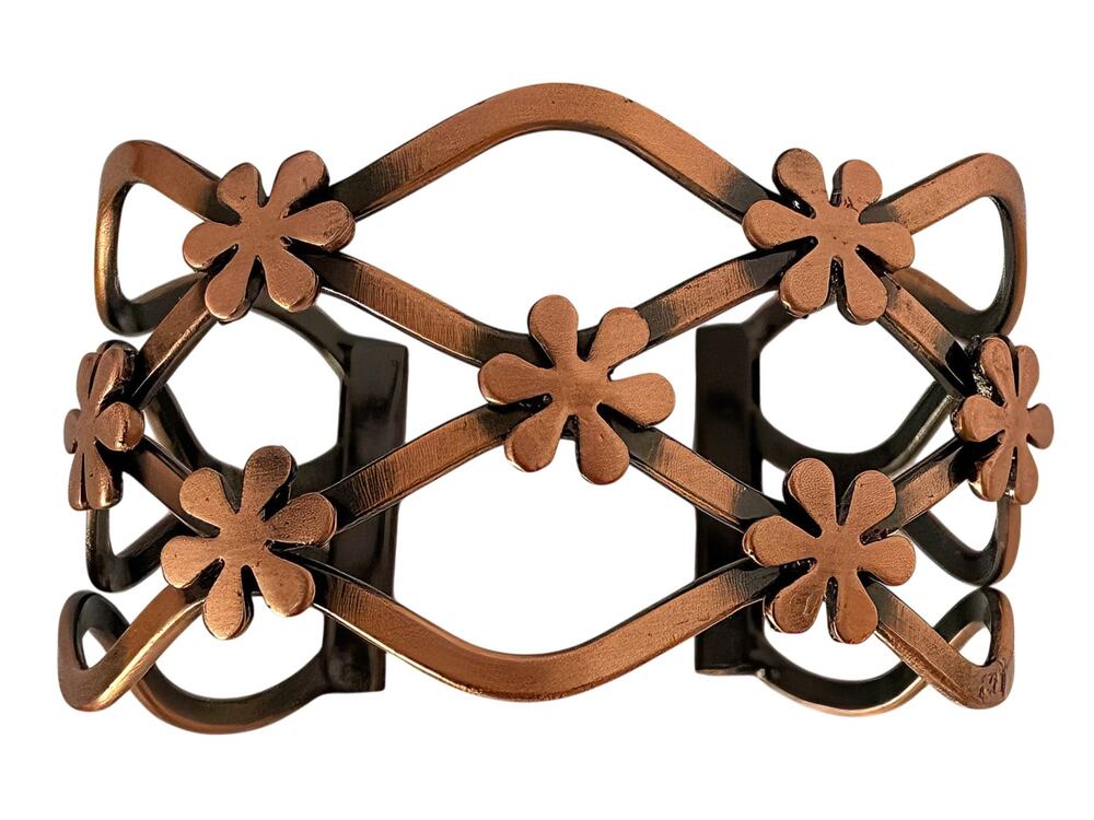 Vintage Copper Tone Cuff Bracelet, Floral Lattice Openwork